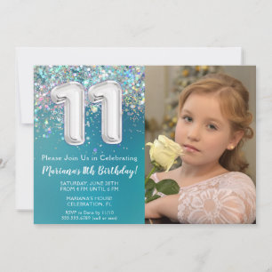 Invitation Photo Turquoise Parties scintillant d'argent 11e a