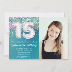 Invitation Photo Turquoise Parties scintillant d'argent 15e f