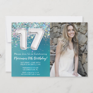 Invitation Photo Turquoise Parties scintillant d'argent 17e a