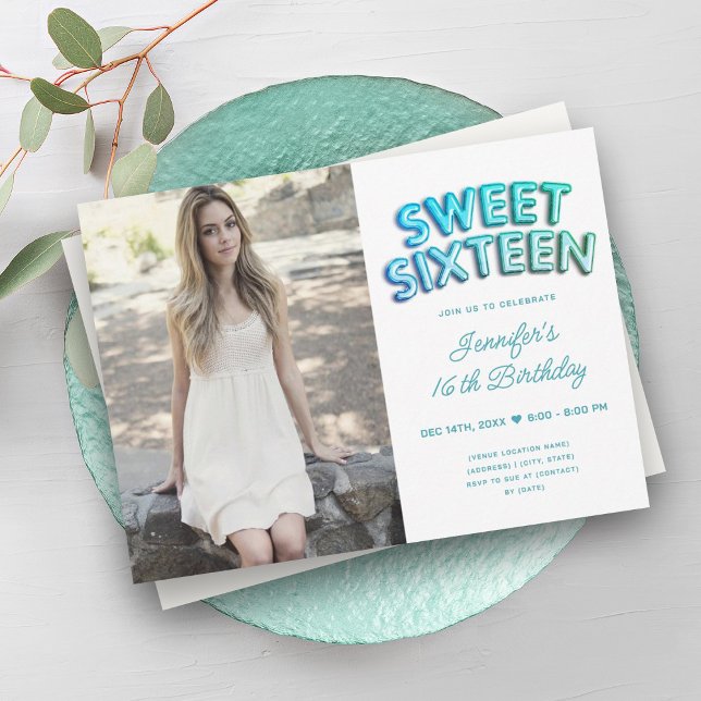 Invitation Photo Turquoise Turquoise Ballons blancs Sweet 16 (Photo Teal Turquoise White Balloons Sweet 16 Invitation)