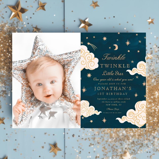 Invitation photo Twinkle Little Stars Cute Moon 1er Anniversa (Créateur téléchargé)
