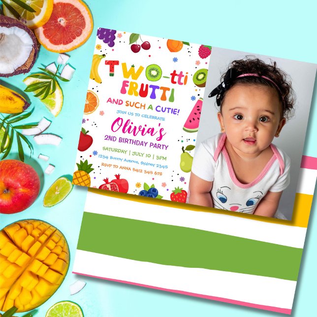 Invitation photo Two-tti Frutti, 2ÈME Fruits Été (Cute Twotti Frutti 2nd birthday photo invitation with colorful tropical fruit party theme.)