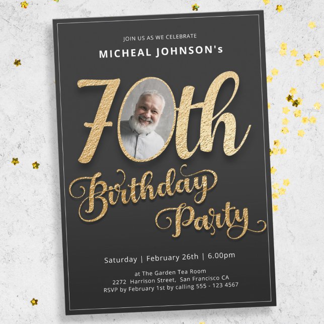 Invitation Photo Typographie Or moderne 70e anniversaire (Mockup View)
