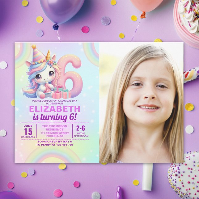 Invitation Photo Unicorn 6th Birthday – Rainbow Girl party (Créateur téléchargé)