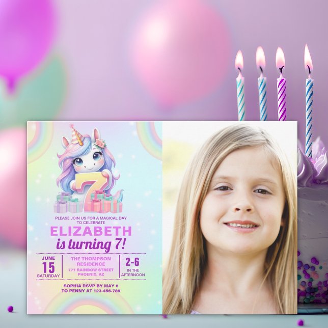 Invitation Photo Unicorn 7th Birthday – Rainbow Girl  (Créateur téléchargé)