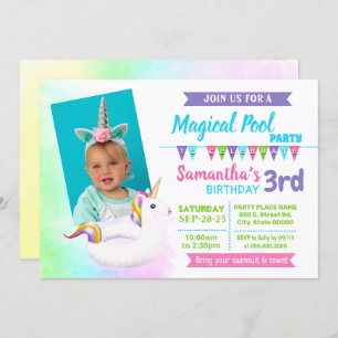 Invitation Photo Unicorn pool fête d'anniversaire d'été