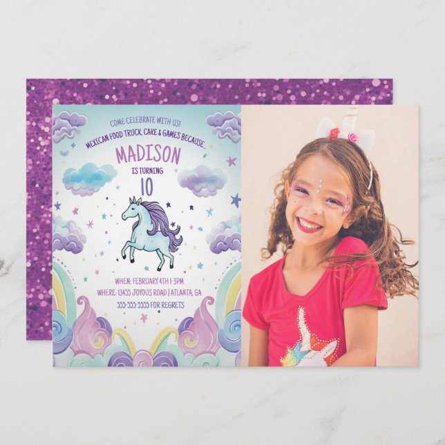 Invitation Photo Unicorne bleu et violet fête d'anniversaire (Devant / Derrière)