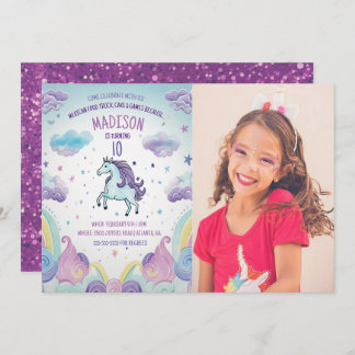 Invitation Photo Unicorne bleu et violet fête d'anniversaire