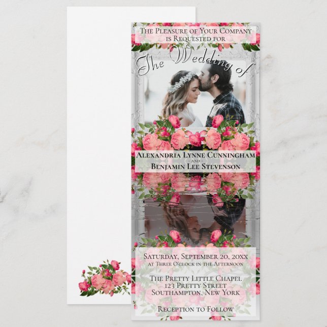 Invitation Photo unique reflétant Boho rose Mariage floral (Devant / Derrière)
