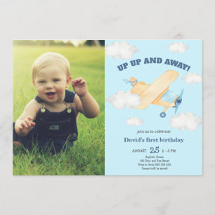 Invitation Photo Up & Away 1er Boy Birthday Airplane