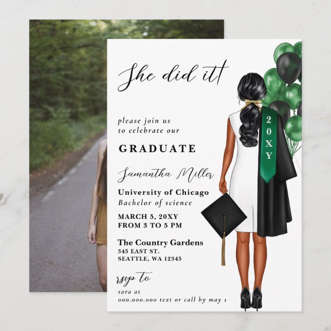 Invitation Photo Vert Moderne Elle L'A Fait Diplôme (Devant / Derrière)
