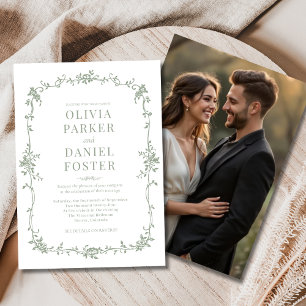 Invitation Photo Vert Sauge Mariage Floral Victorien Français
