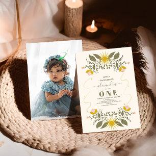 Invitation Photo Vintage Céleste Botanique 1er anniversaire