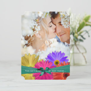 Invitation Photo Vintage Damask Bright Colorful Gerber Daisy
