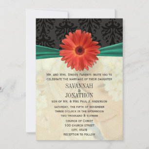 Invitation Photo Vintage Damask Emerald Gerber Daisy Mariage