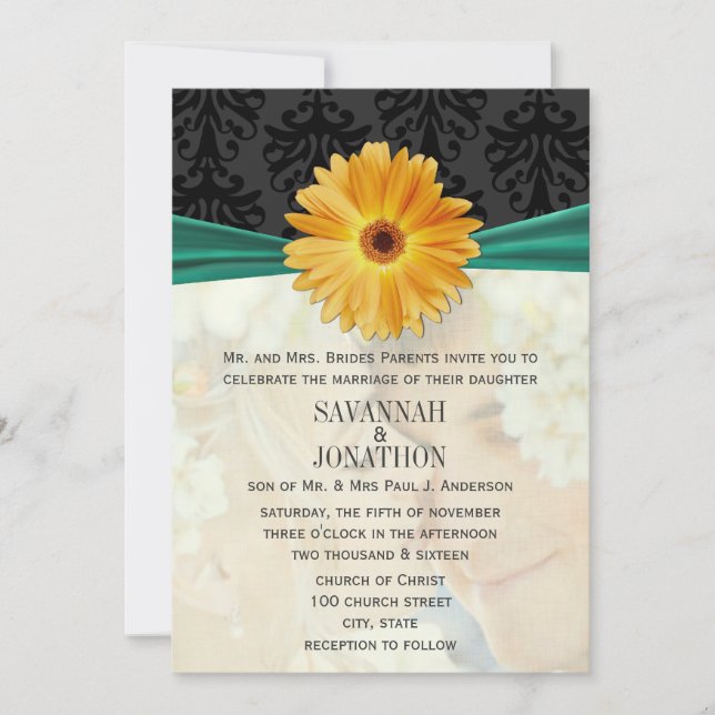 Invitation Photo Vintage Damask Emerald Gerber Daisy Mariage (Devant)