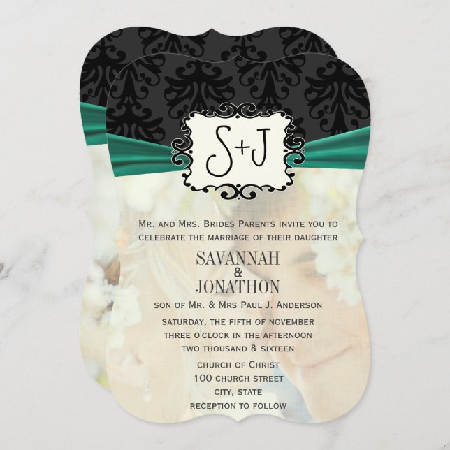 Invitation Photo Vintage Damask Emerald Green Mariage noir (Devant / Derrière)