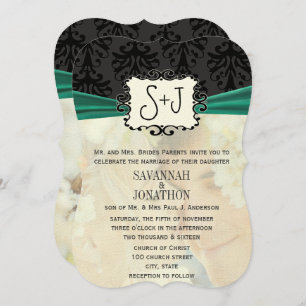 Invitation Photo Vintage Damask Emerald Green Mariage noir