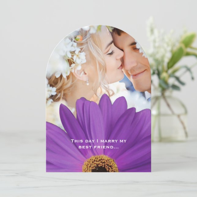 Invitation Photo Vintage Damask Lavender Gerber Daisy Mariage (Debout devant)
