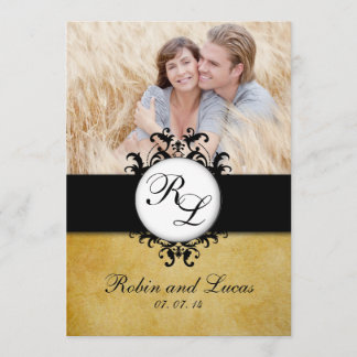 Invitation Photo vintage de mariage de monogramme de damassé