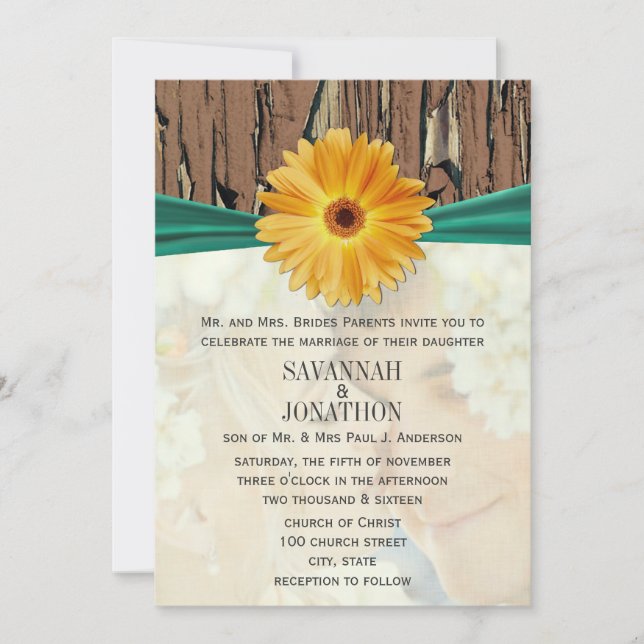 Invitation Photo Vintage Wood Emerald Gerber Daisy Mariage (Devant)