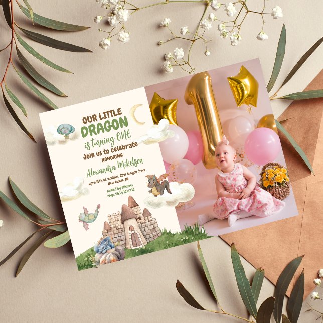 Invitation Photo Watercolor Dragon Baby 1er anniversaire (Créateur téléchargé)