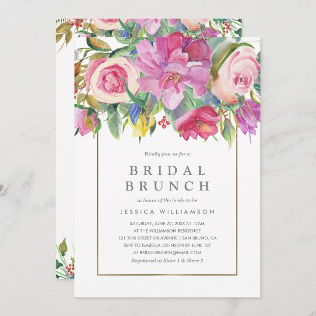 Invitation Photo Watercolor Floral Bridal Brunch (Devant / Derrière)