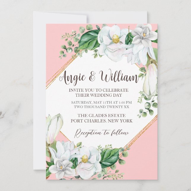 Invitation Photo Watercolor Magnolia Blush QR Code Mariage (Devant)