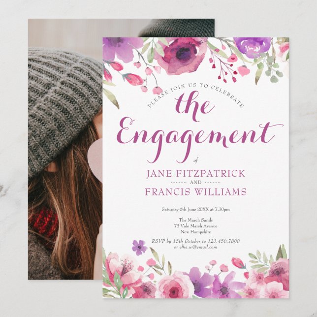 Invitation Photo Watercolor Rose Floral Engagement Party (Devant / Derrière)