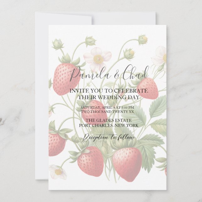 Invitation Photo Watercolor Strawberries Code QR Mariage (Devant)