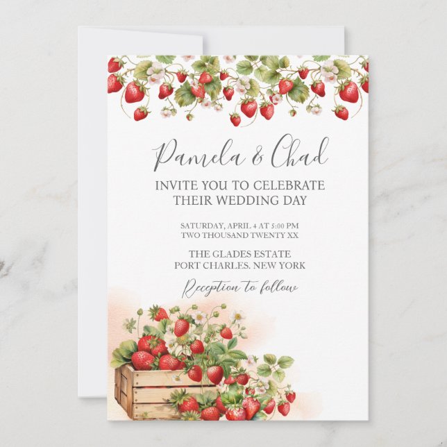 Invitation Photo Watercolor Strawberries Code QR Mariage (Devant)