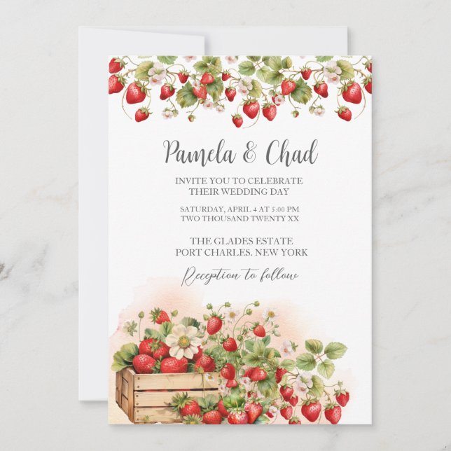 Invitation Photo Watercolor Strawberries Code QR Mariage (Devant)