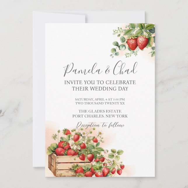 Invitation Photo Watercolor Strawberries Code QR Mariage (Devant)