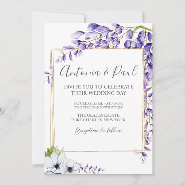 Invitation Photo Watercolor Wisteria Blooms QR Code Mariage (Devant)