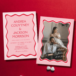 Invitation Photo Wavy Retro Mariage rouge et rose