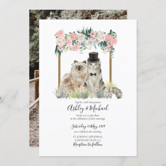 Invitation Photo Whimsical Aquarelle Chat Rose Blanc Floral