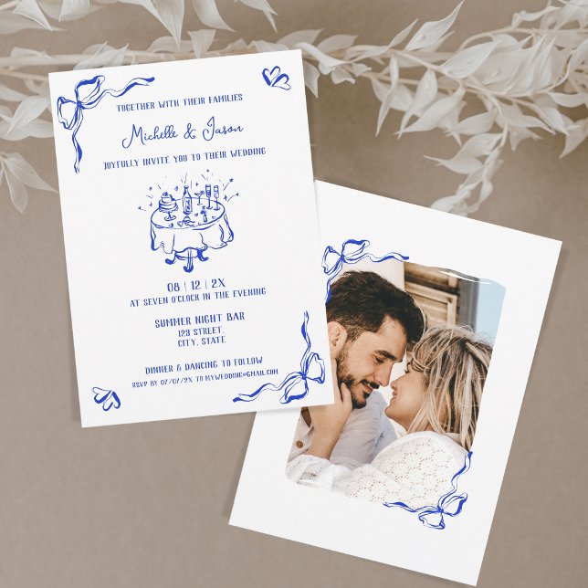 Invitation Photo Whimsical Blue Main unique tirée française B (hand drawn wedding invitation with photo. ink blue doodles of wedding table with cake and champagne)