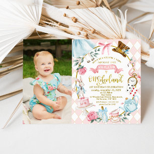 Invitation Photo Whimsical Bow Alice Onederland 1er Birt