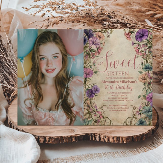 Invitation Photo Whimsical Pastel Wildflower Sweet 16 (Créateur téléchargé)