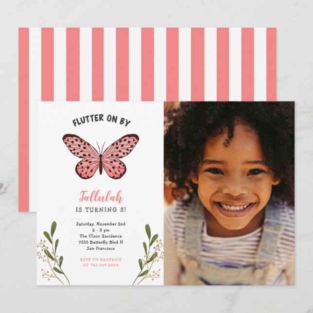 Invitation Photo Whimsical Pink Butterfly Girl Anniversaire (Devant / Derrière)