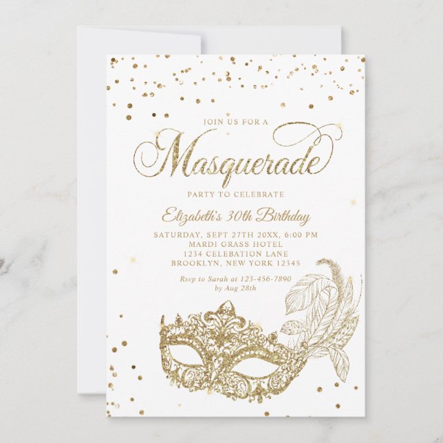 Invitation Photo White Gold Glitter Masquerade Birthday (Devant)
