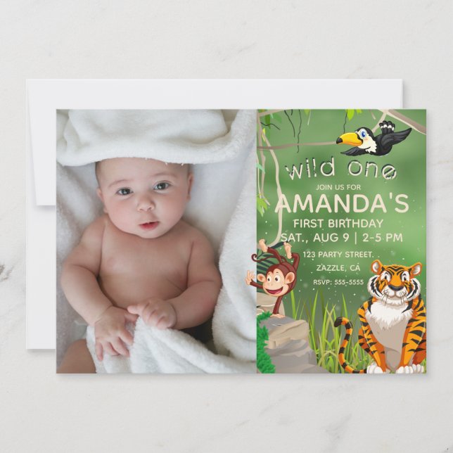 Invitation Photo Wild One Birthday Jungle Animals Party (Devant)