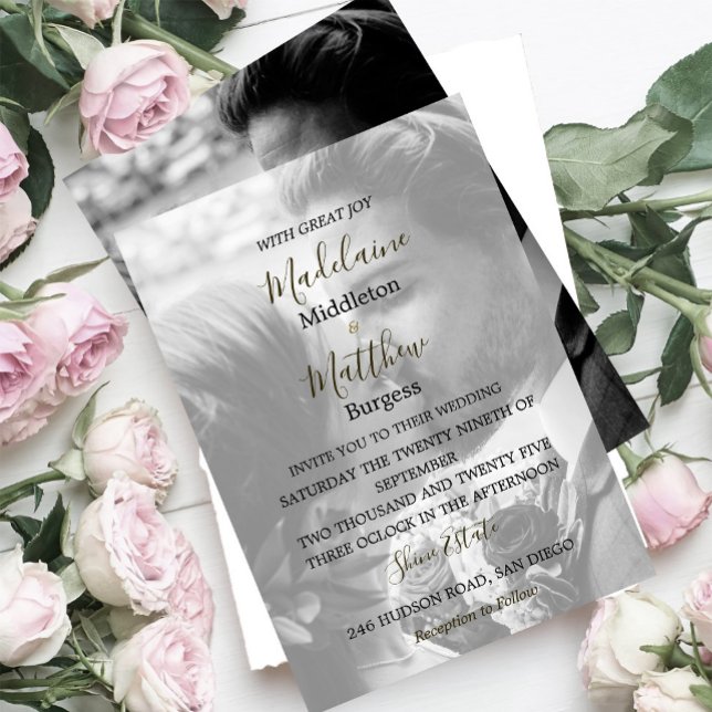 Invitation Photo x 2 Floral Mariage blanc rose or (Créateur téléchargé)