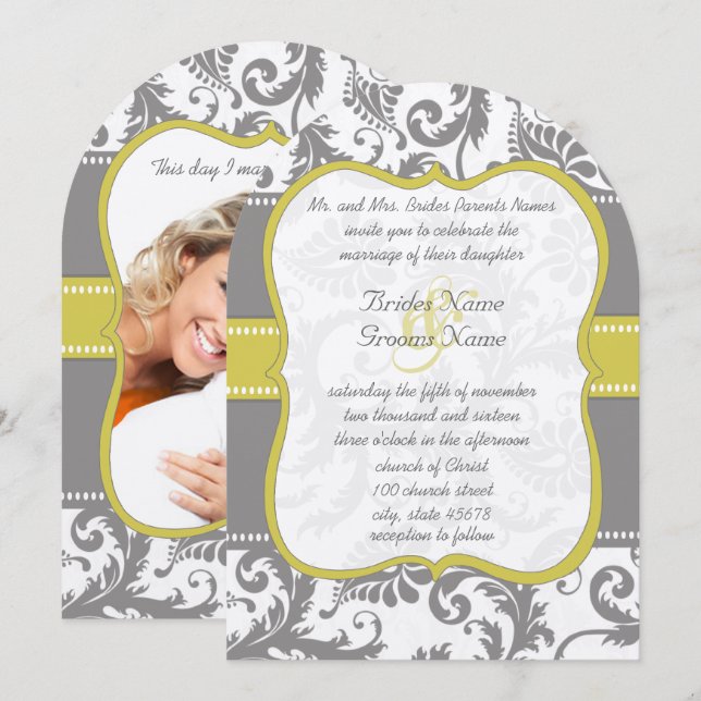 Invitation Photo Yellow & Grey Vintage Mariage damassé Invita (Devant / Derrière)