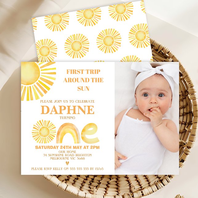Invitation Photo Yellow Premier voyage autour du soleil 1er a (Modern Photo First Trip Around The Sun 1st Birthday Invitation Template, Sun Themed First Birthday )