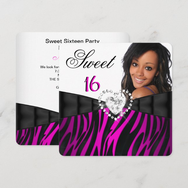 Invitation Photo Zebra Pink Silver Sweet 16 Seize Anniversair (Devant / Derrière)