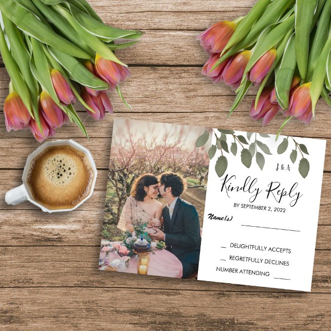 Invitation Photographie botanique rustique monogrammée Mariag (Rustic botanical monogrammed. photo Wedding RSVP Invitation)