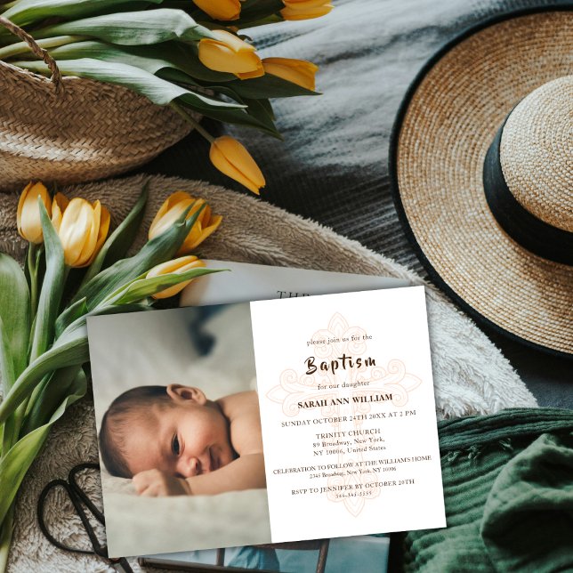 Invitation Photographie classique Typographie d'or Croix Bapt (Classic Photo Gold Typography Cross Baptism Invitation)