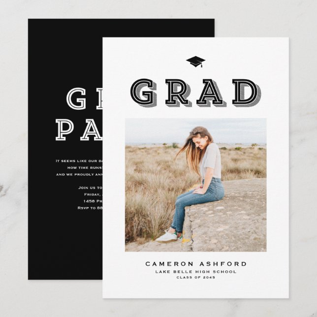 Invitation Photographie de fin d'études en typographie rétro  (Devant / Derrière)