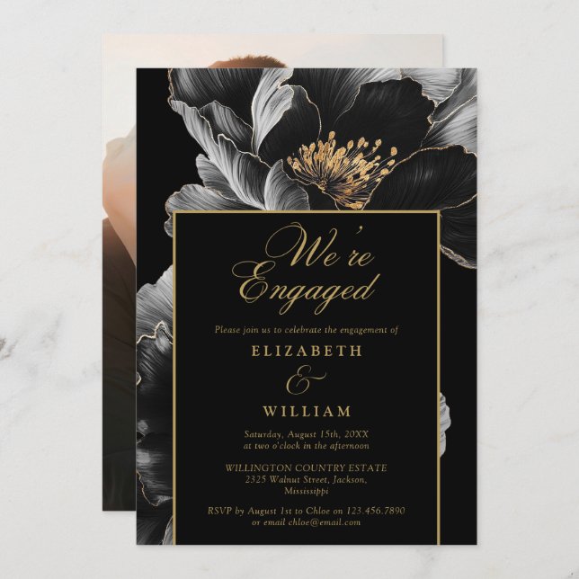 Invitation Photographie De La Partie D'Engagement Floral Chic (Devant / Derrière)